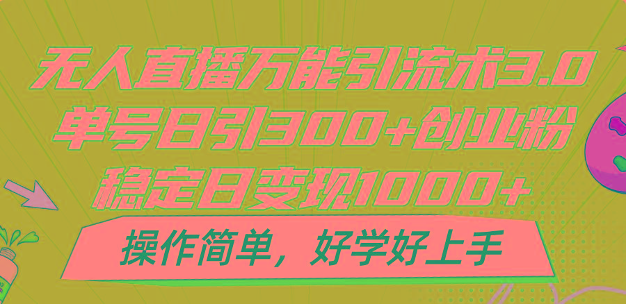 无人直播万能引流术3.0，单号日引300+创业粉，稳定日变现1000+，操作简单-网创星球